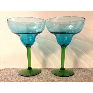 Two Green and Blue Margarita Glasses  7" Tall  Blown Glass  # 3323